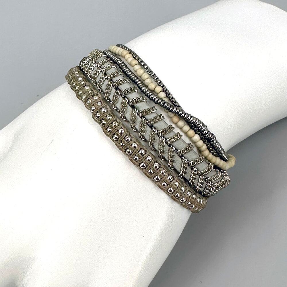 Stella and Dot Boho Wrap Bracelet Gray Silver Beige Beaded